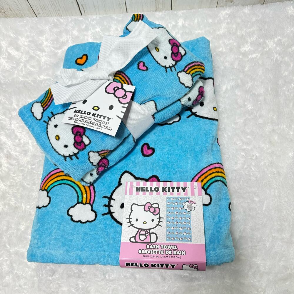Hello Kitty Set Bath Towel 28in x 54in 2 pack Hand Towel 16 in x 28 in Blue.